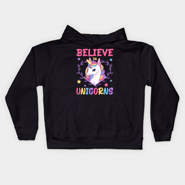 Believe In Unicorns, Cute Unicorn Design Kids Hoodie by AS Shirts